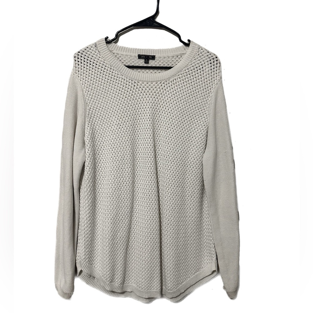 Left & Me off white sweater with elbow patches.